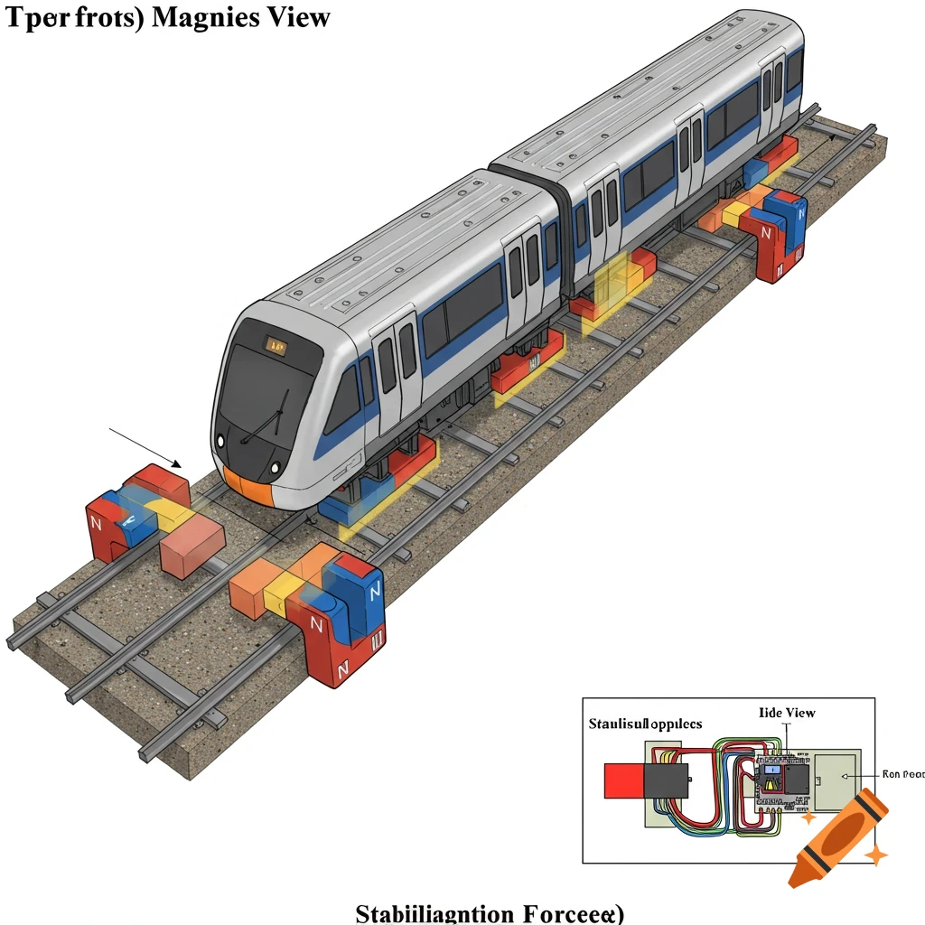 Illustration of a magnetic levitation (maglev) train hovering above tracks using magnets, with a circuit diagram inset.