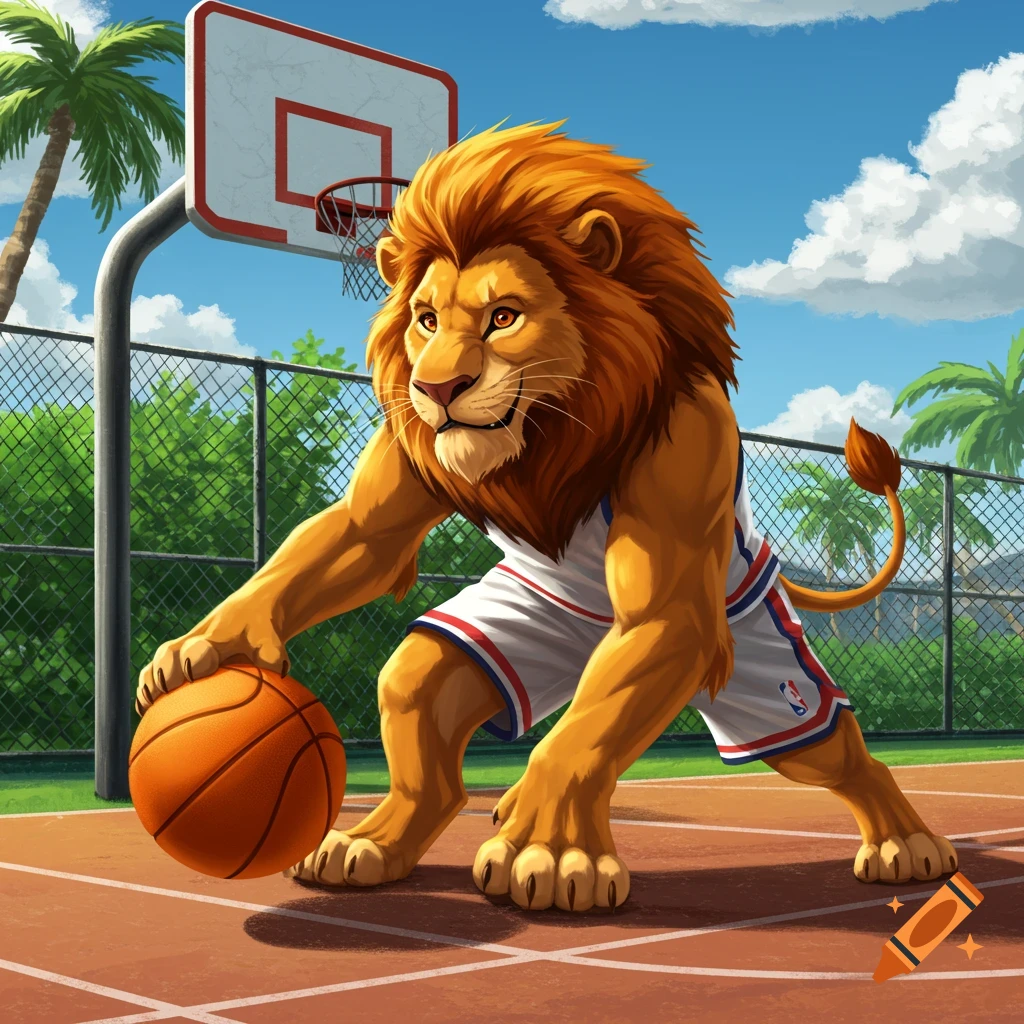 A cartoon lion in a basketball jersey dribbling a ball on an outdoor court.