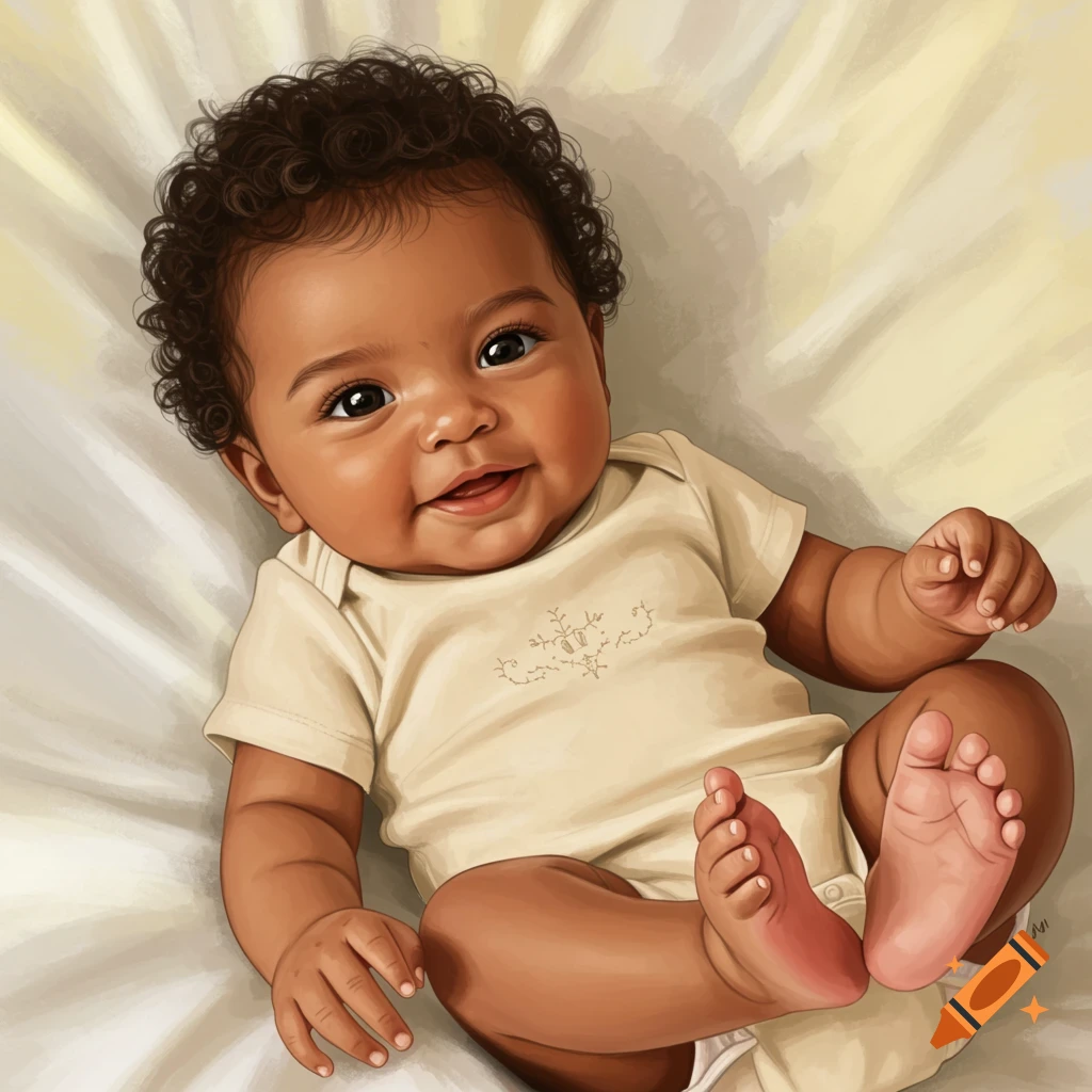 An illustration of a smiling baby with curly dark hair lying on a white blanket.
