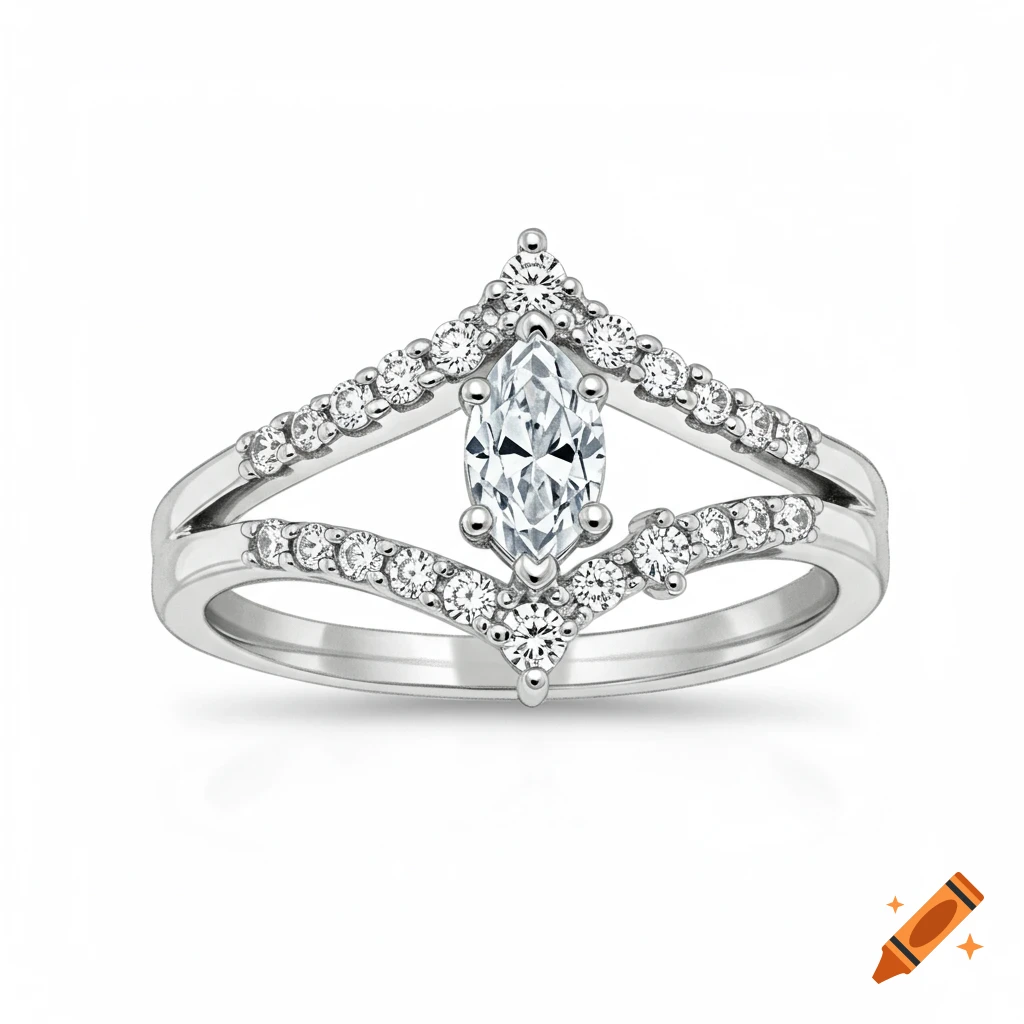 A silver ring with a marquise diamond centerpiece, surrounded by smaller diamonds on a split band.