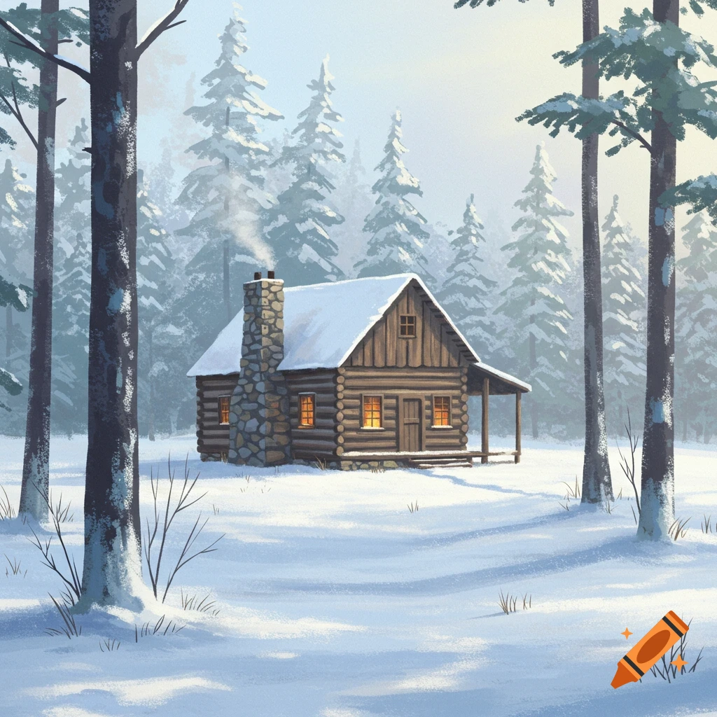 Illustration of a log cabin in a snowy forest on a sunny winter morning.