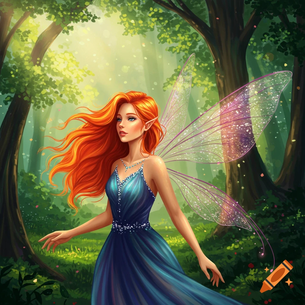 Illustration of a red-haired fairy with shimmering wings in a sunny forest