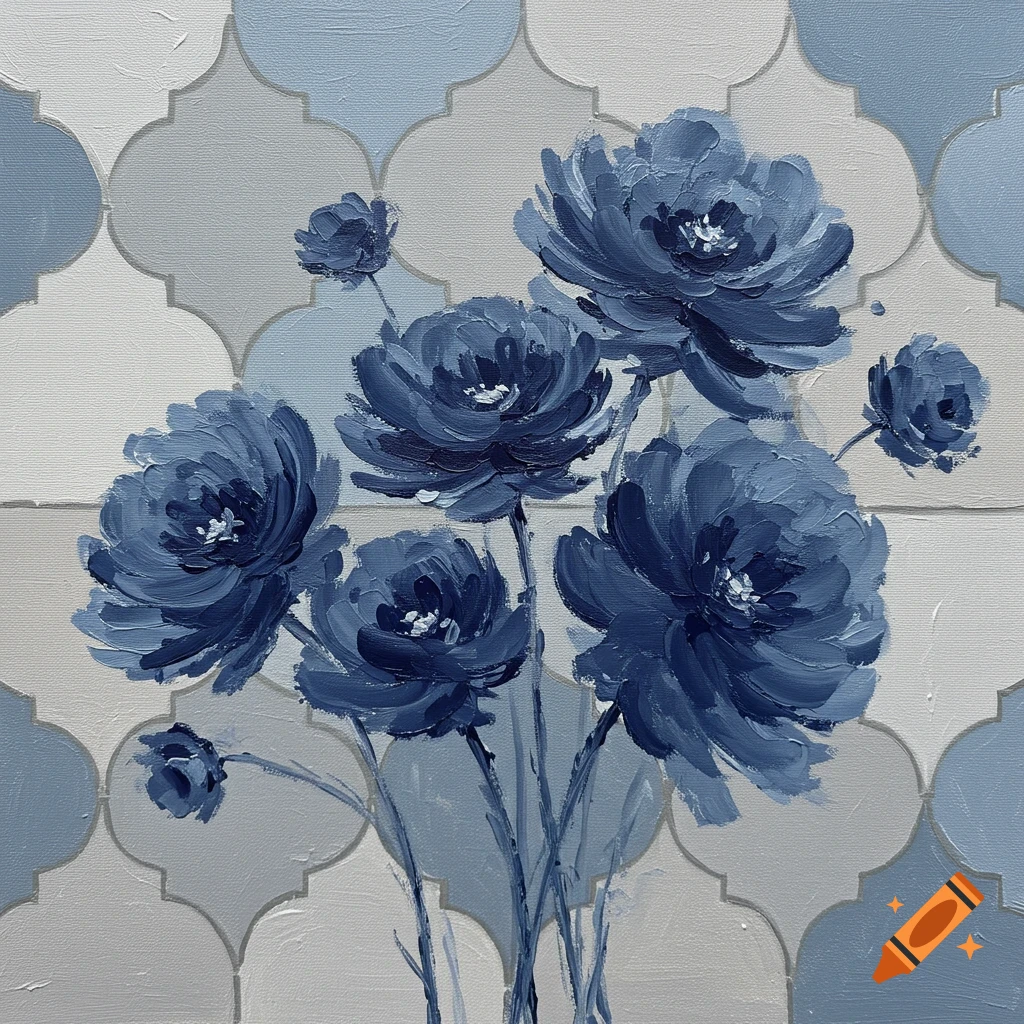 Oil painting of blue flowers against a background of pale Moroccan tiles.