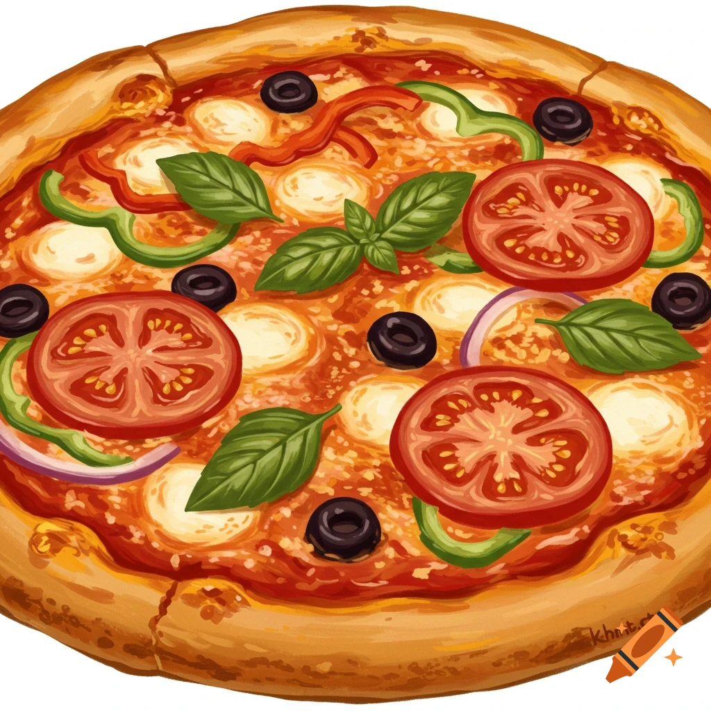Illustration of a pizza with tomatoes, olives, peppers, and basil.