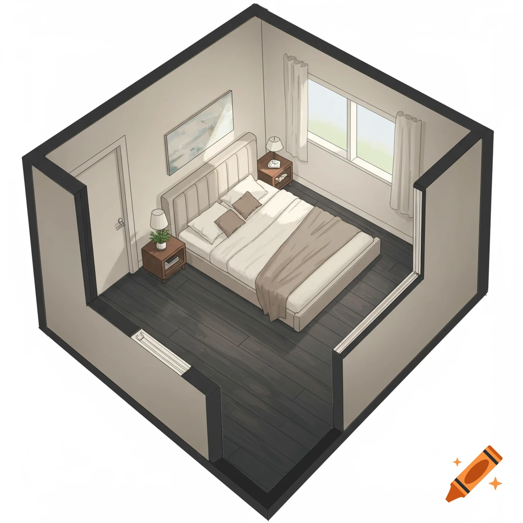 Isometric line drawing illustration of a bedroom floor plan with a bed, furniture, and windows.