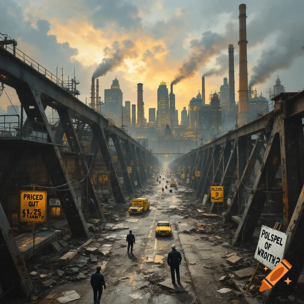 An industrial city skyline with smoking chimneys is viewed from a damaged road between steel structures. People and vehicles are on the street.