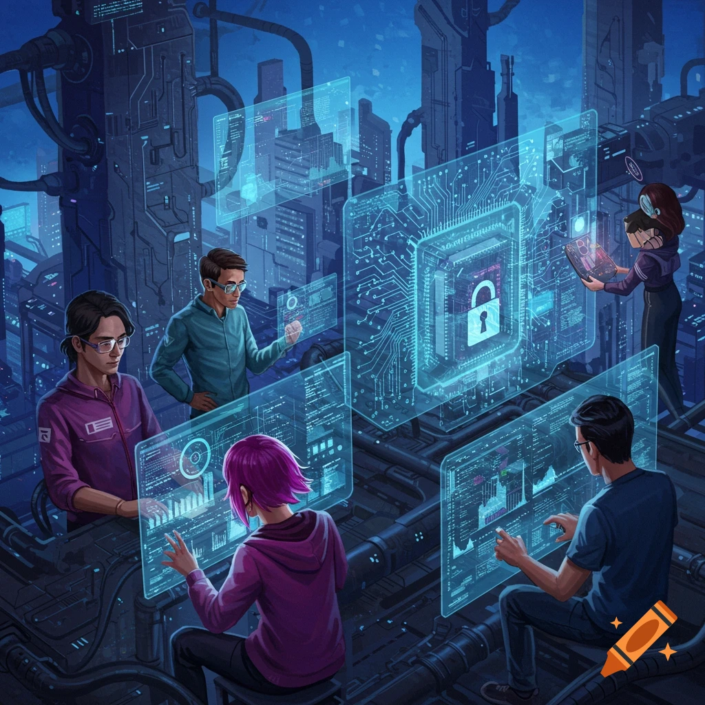 People interact with holographic screens showing data and security symbols in a futuristic high-tech environment.