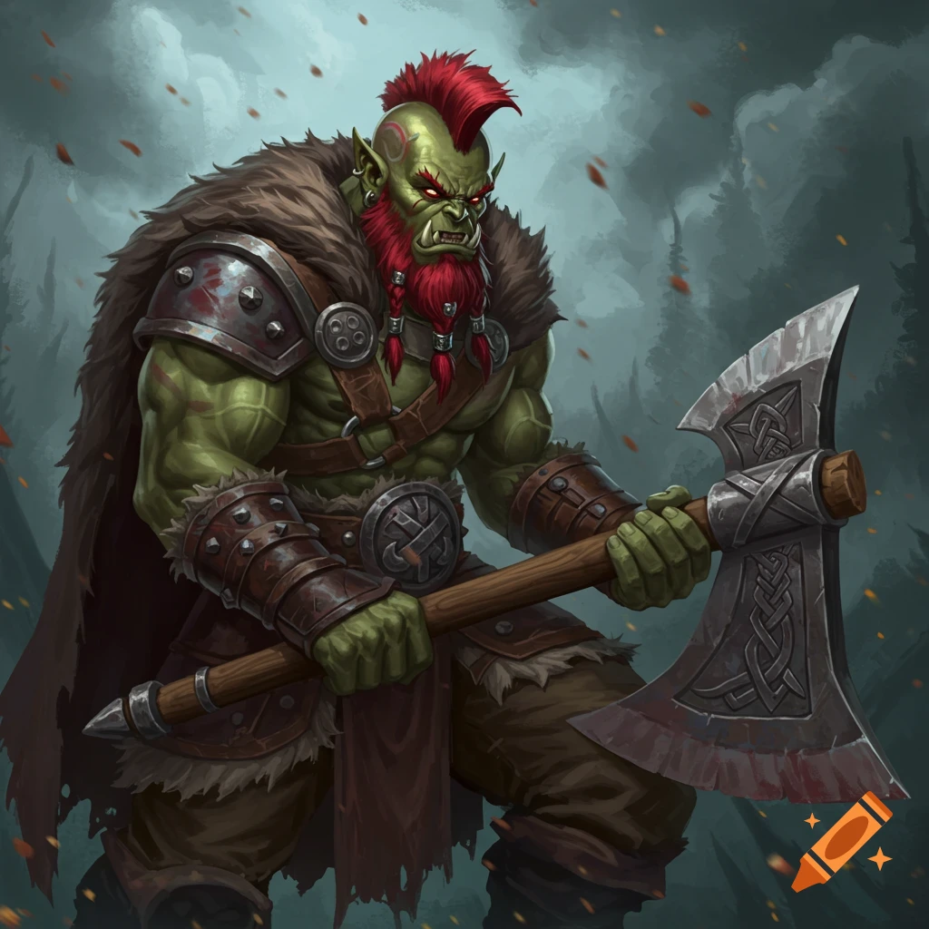 A green-skinned orc barbarian with a red mohawk and beard holds a great axe in a painterly style.