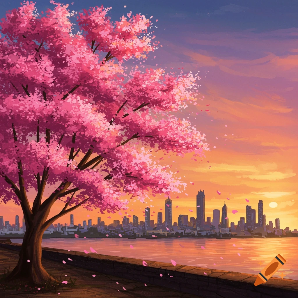 A large cherry blossom tree overlooks a city skyline at sunset.