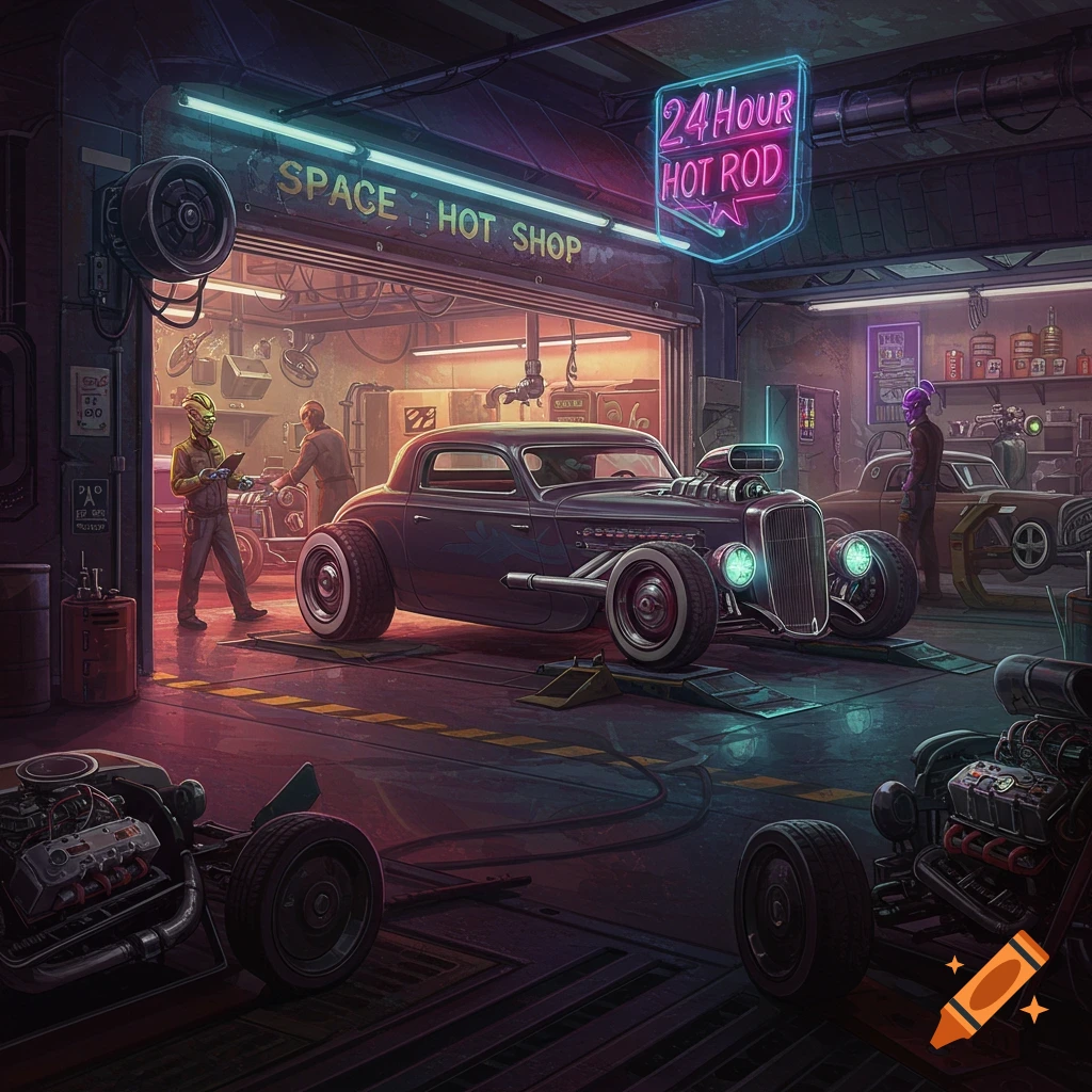 Cyberpunk garage with futuristic hot rods and mechanics, digital art.
