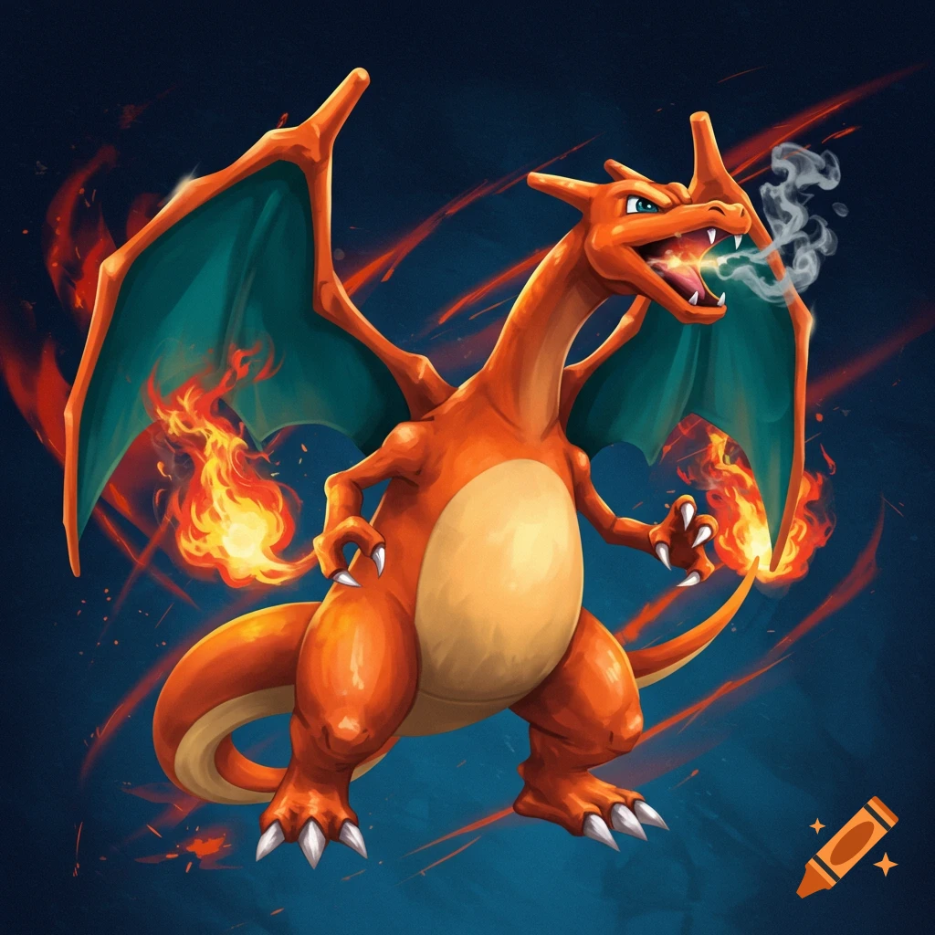Charizard breathing smoke and fire on a dark background.