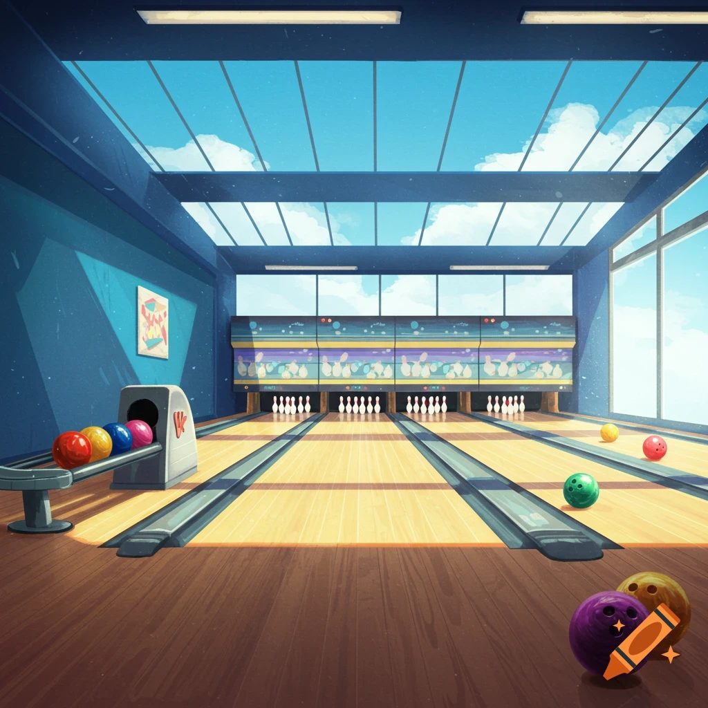 Interior view of a bowling alley with two lanes, bowling balls, pins, and bright skylights.