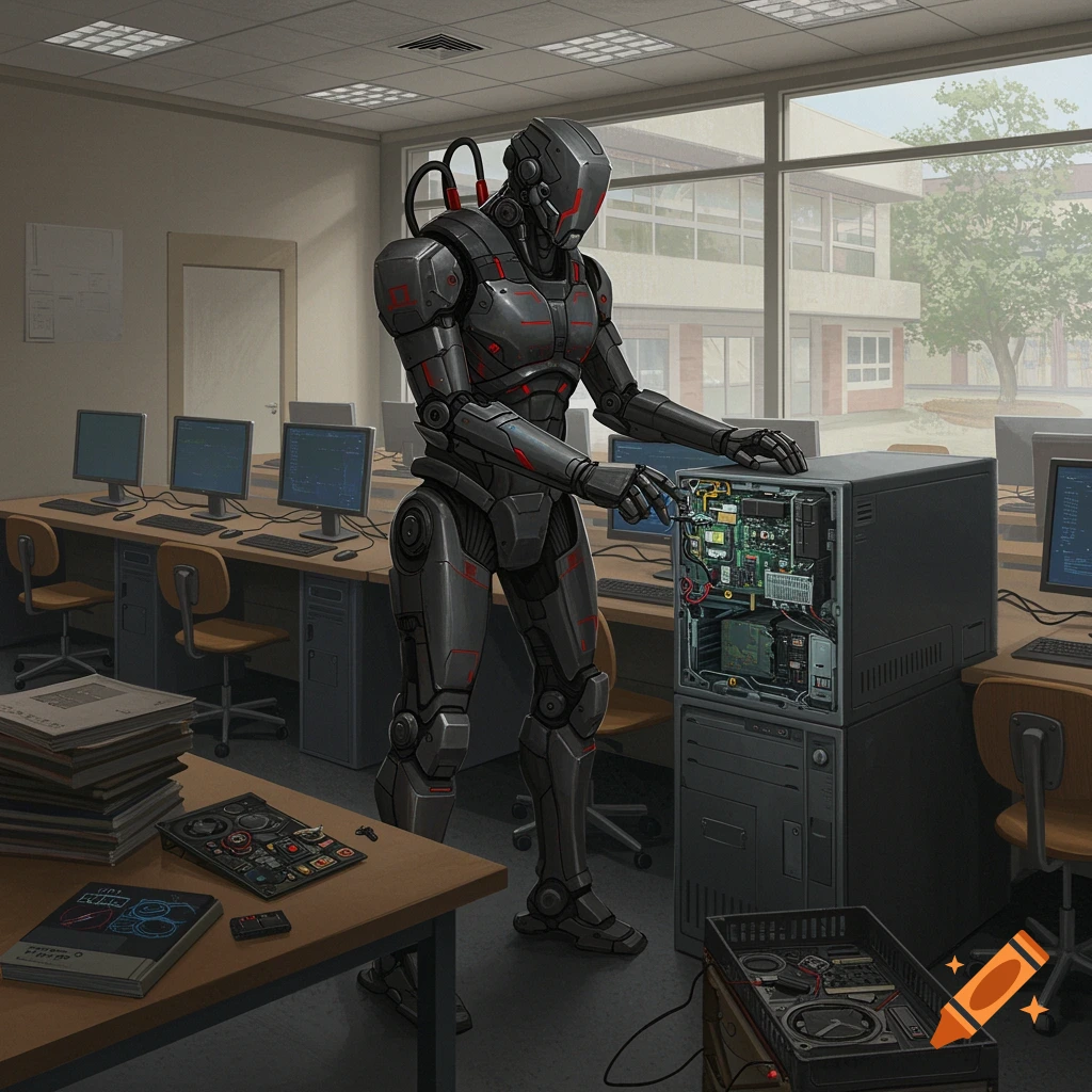 A robot works on a computer tower in a school classroom.