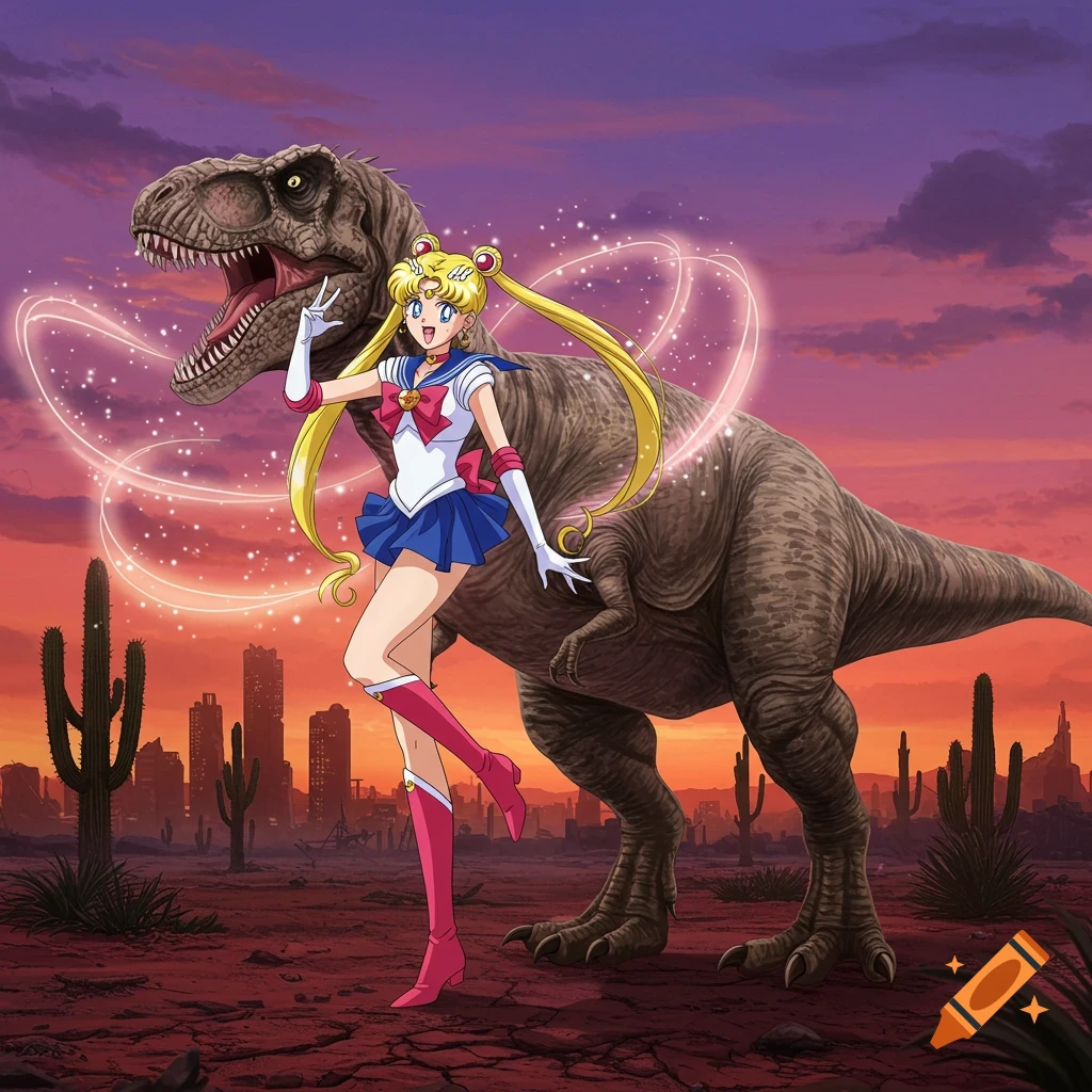 Sailor Moon poses next to a large T-Rex in a desert with cactuses and a city skyline under a sunset sky.