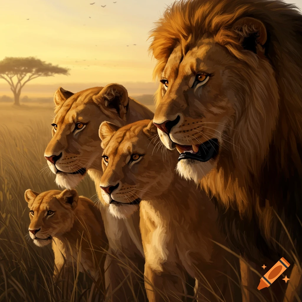 A family of lions in tall grass at sunset in the savannah.