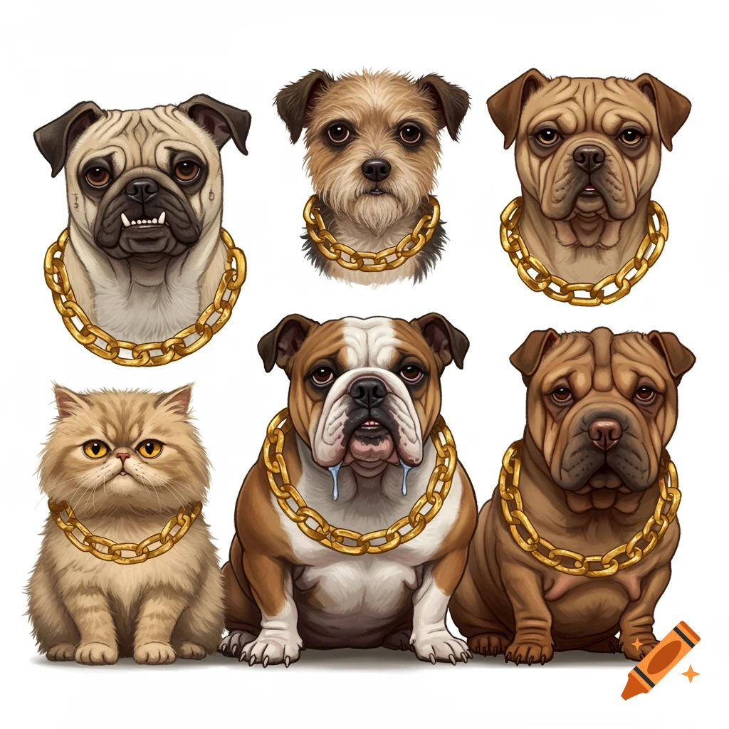 A stylized illustration of several dogs and one cat wearing gold chains.