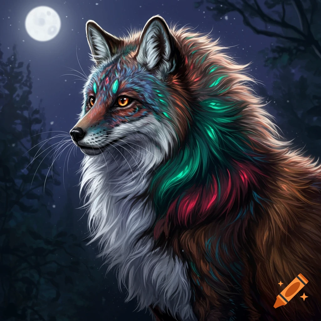 Stylized fox with colorful patterns and fluffy fur under a full moon in a forest. Digital art.