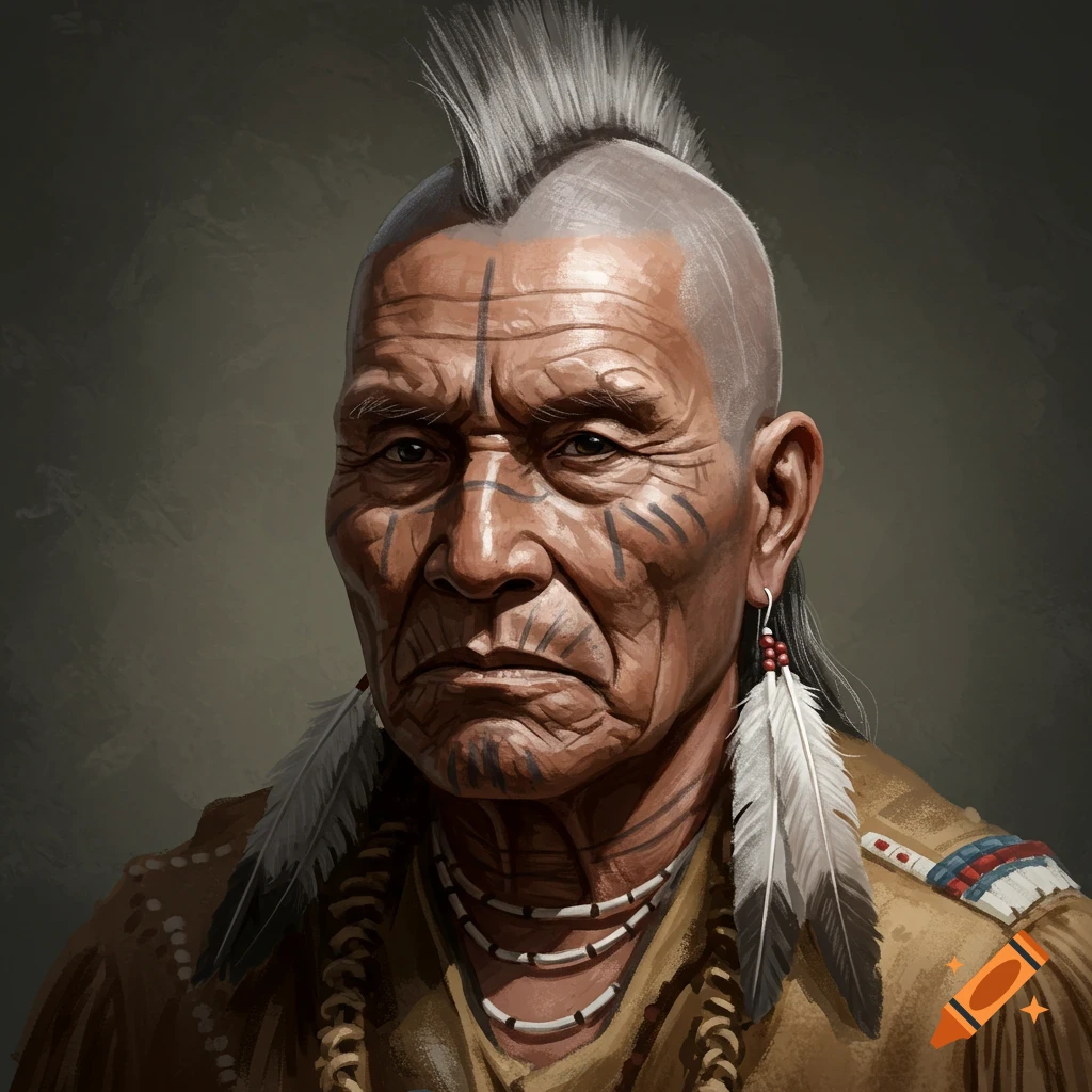 Portrait of an old indigenous man with a mohawk, wearing traditional clothing and feathers.