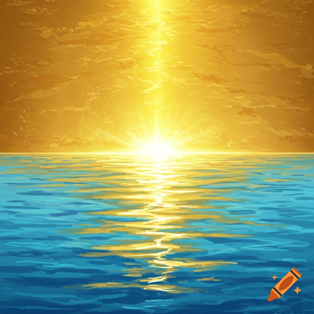 A bright golden sunrise reflects on the blue ocean.