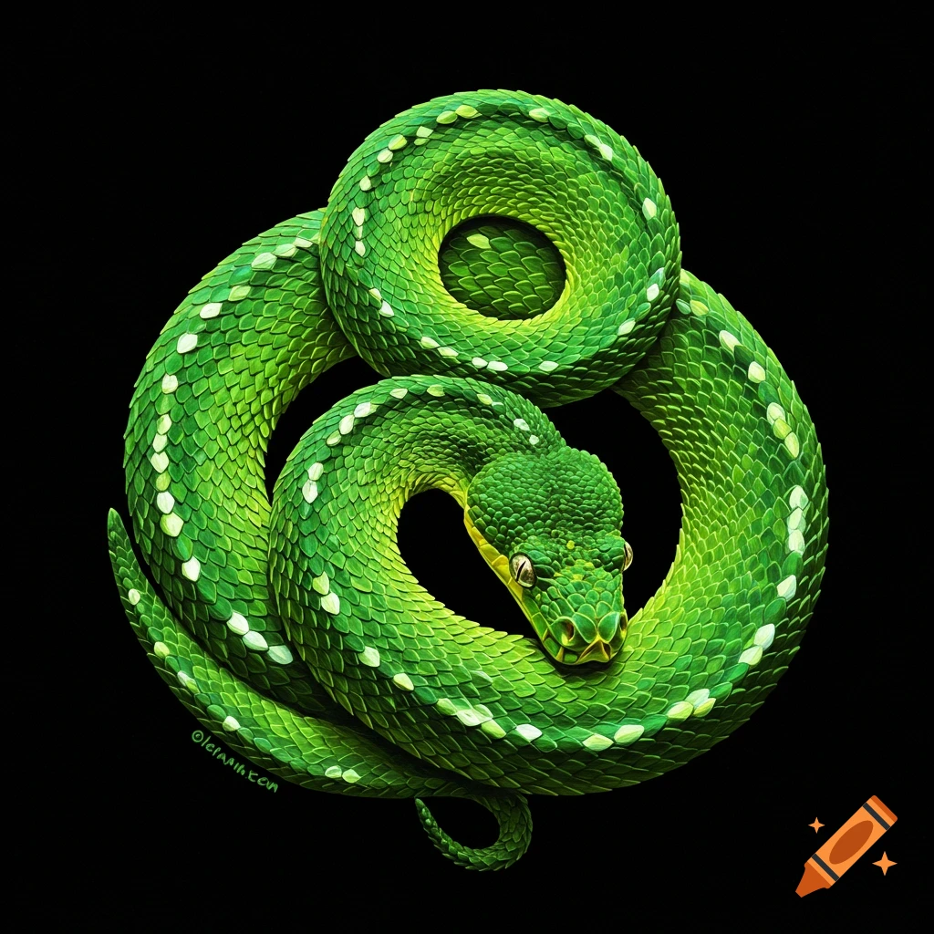 A vibrant green tree viper snake coiled up on a black background.