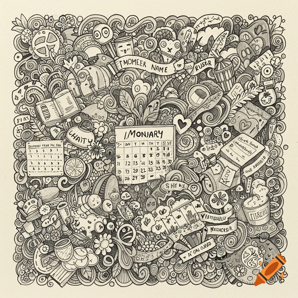 A detailed, busy black and white doodle drawing featuring a calendar, banners with text, and various whimsical objects and patterns.