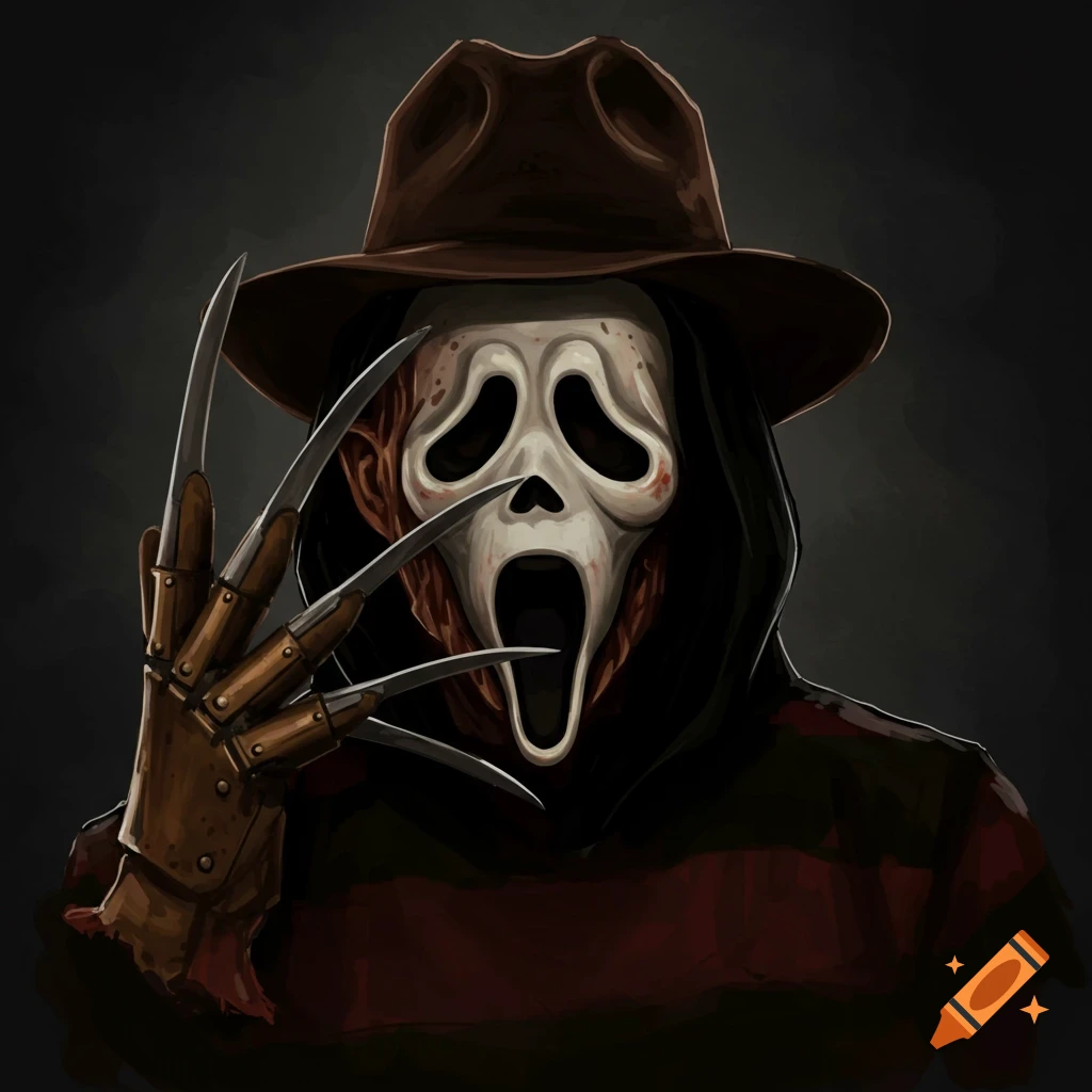 Illustration of a figure wearing a Ghostface mask, Freddy Krueger's fedora, and clawed glove.