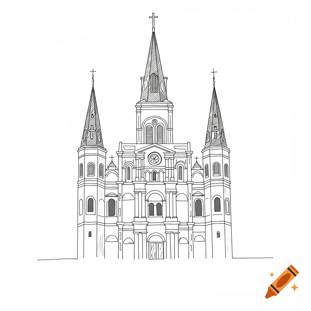 Simple line art drawing of a large cathedral with multiple spires.
