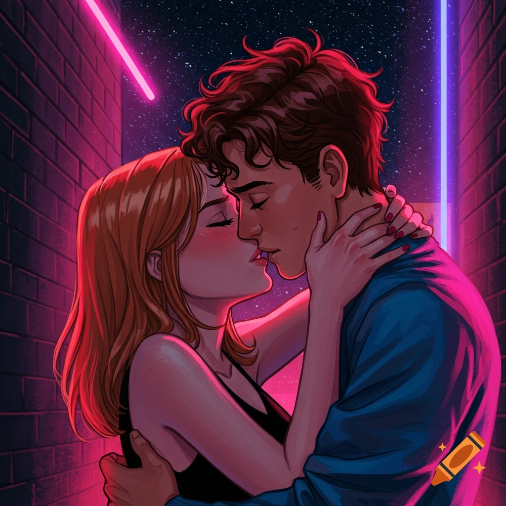 Illustration of a couple kissing in a neon-lit alley.