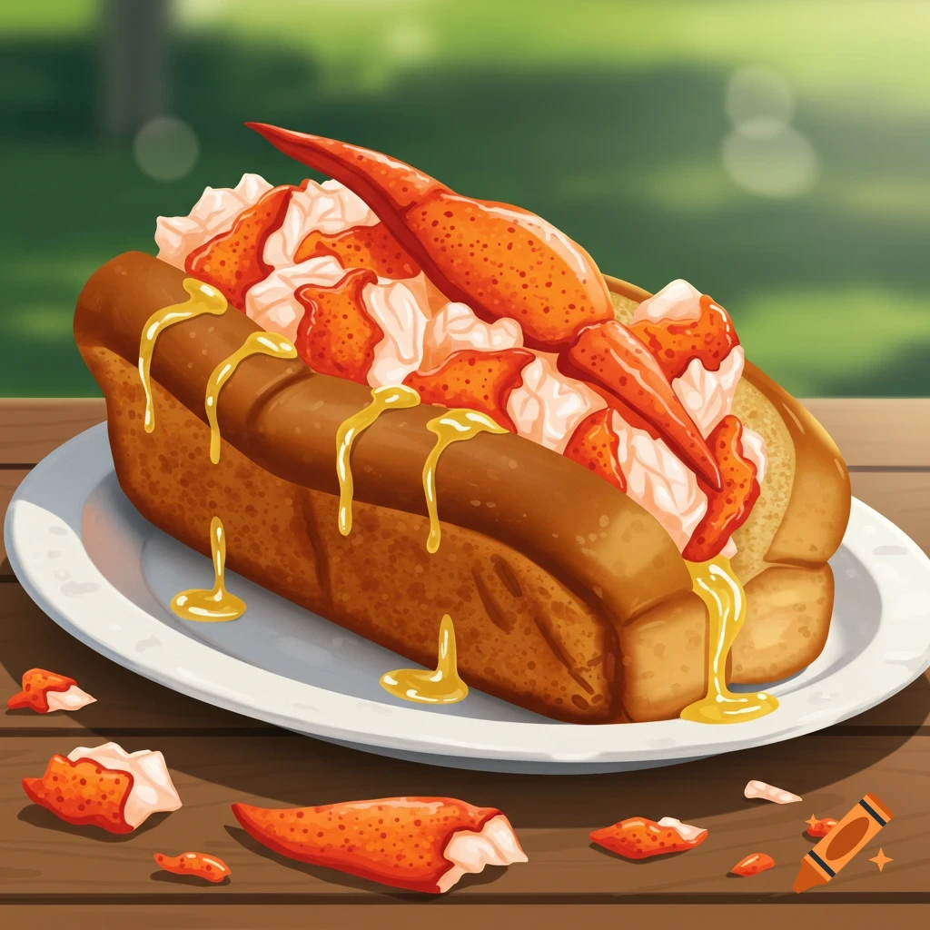 Illustrated lobster roll on a plate on a wooden table outdoors.