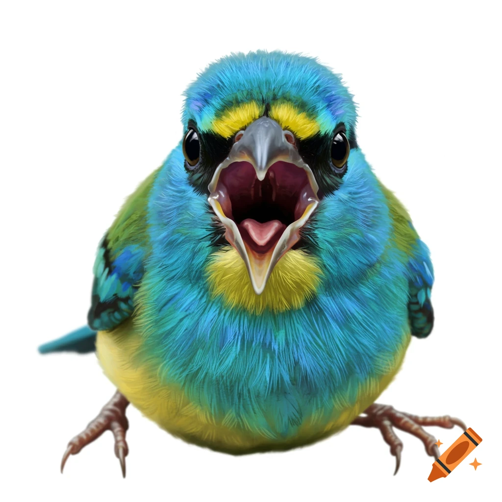 Close-up image of a small colorful bird with blue, green, and yellow feathers, facing the camera with its beak wide open.