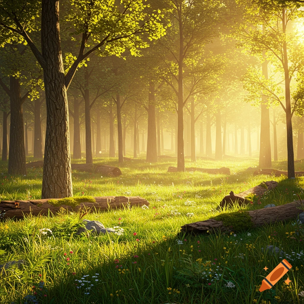 Sunlight streams through trees in a forest clearing with grass, logs, and wildflowers.