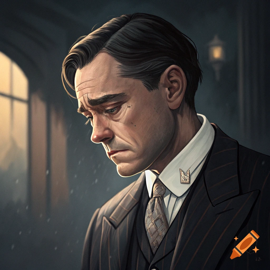 Portrait of a man in a pinstripe suit looking down sadly, atmospheric style.