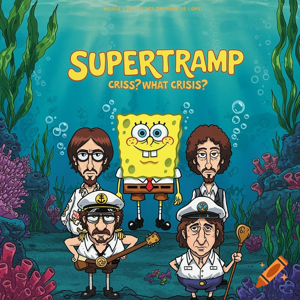 Cartoon album cover art of Spongebob and human figures underwater, in a SpongeBob style.