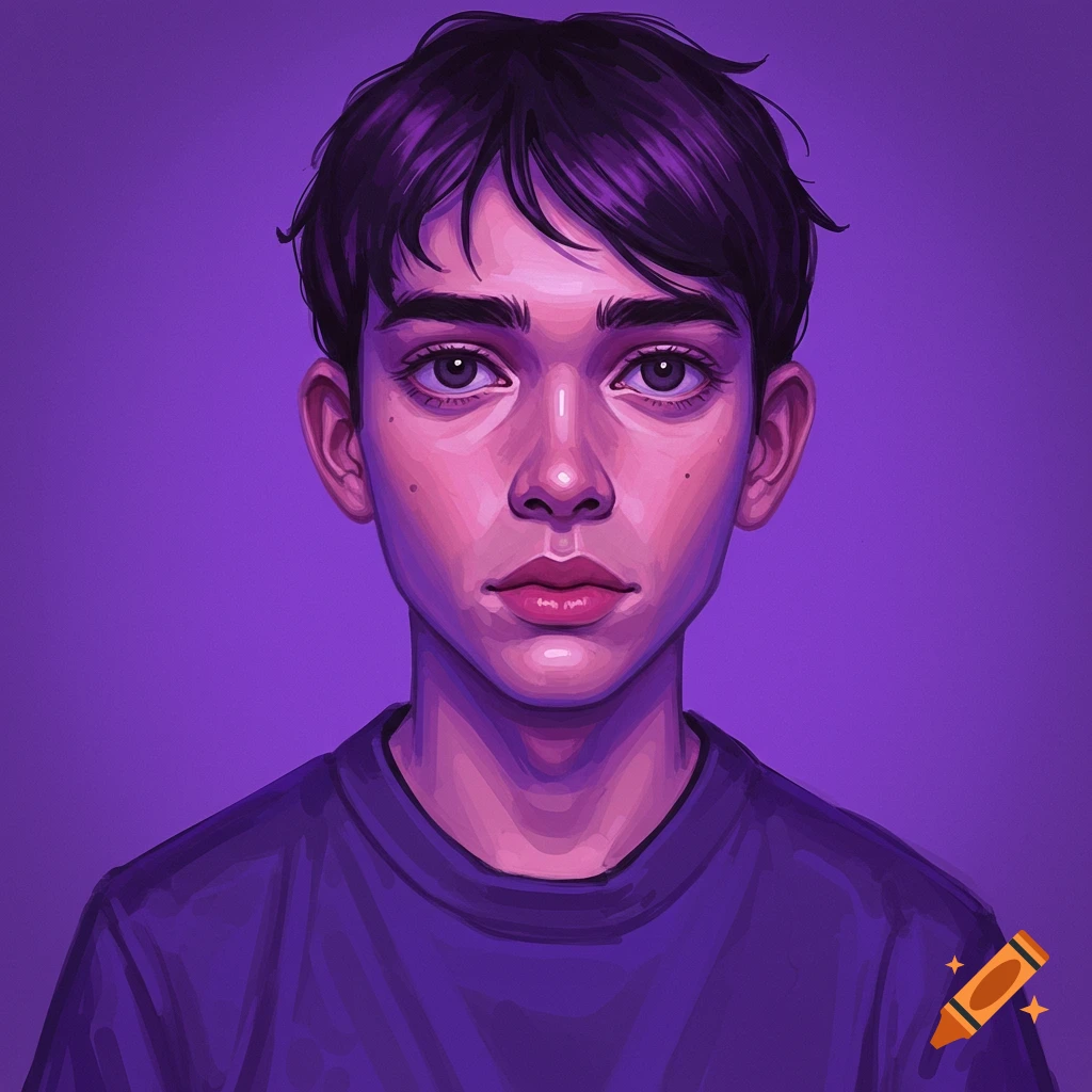 Illustration of a young person with dark hair on a purple background.