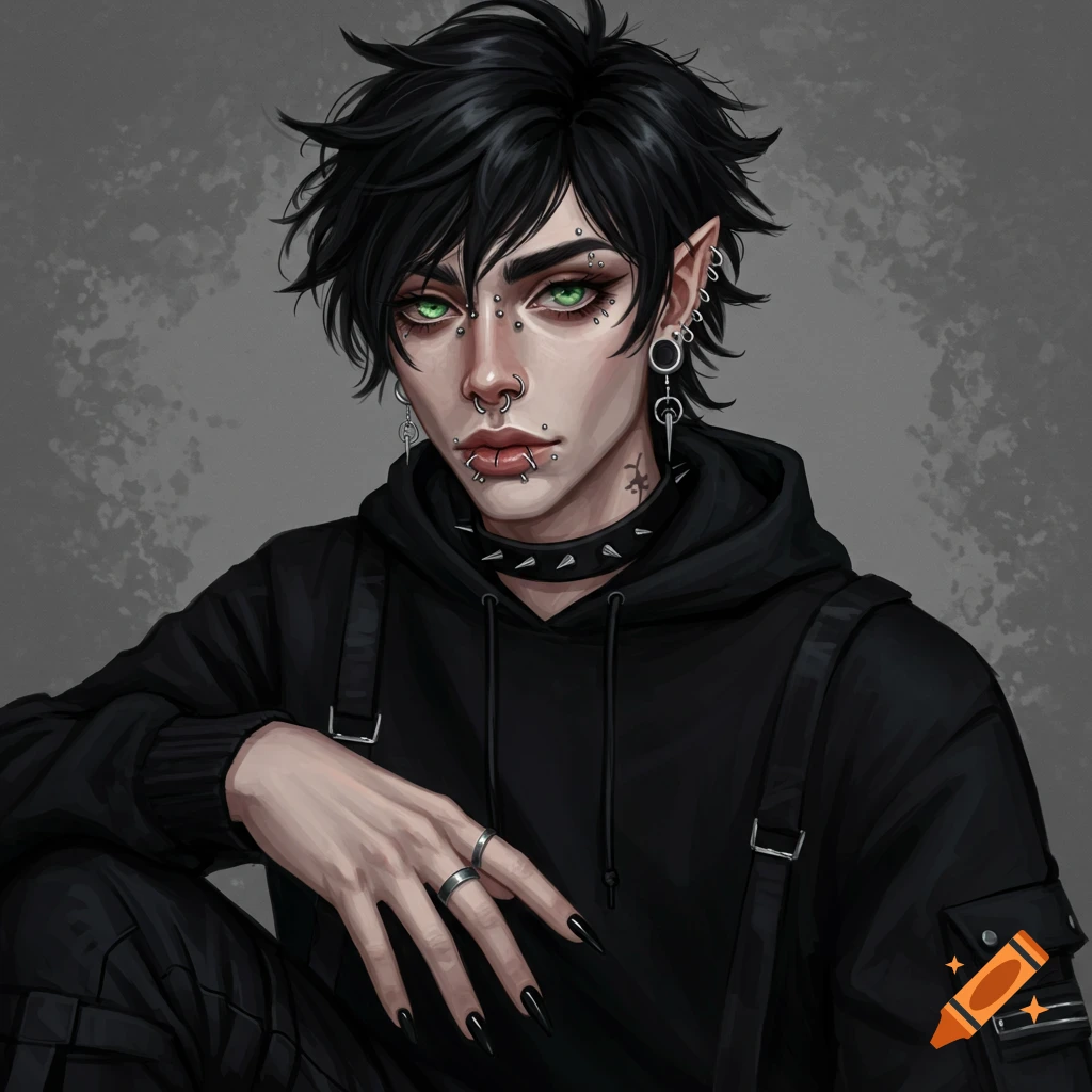 Portrait of a person with elf ears, many facial piercings, and long black nails, wearing a black hoodie.