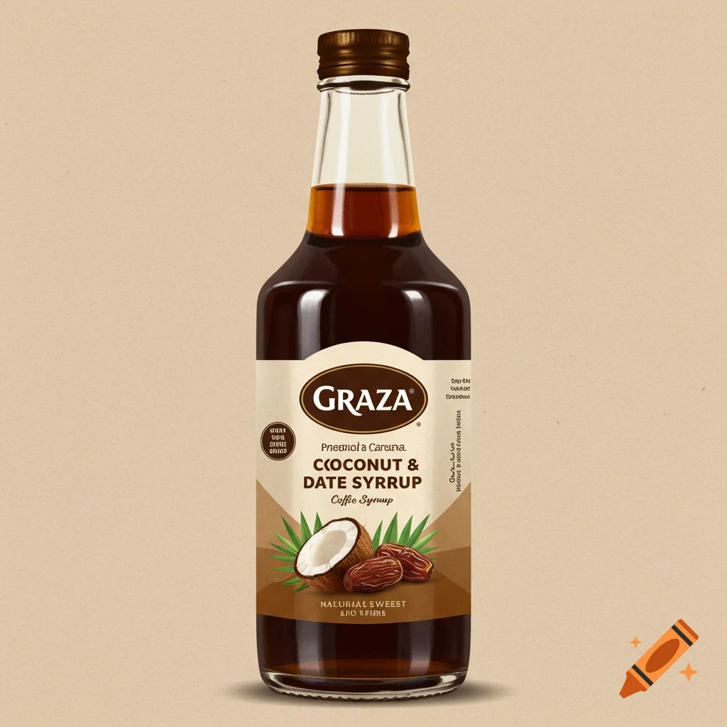 A bottle of syrup with a label showing coconuts, dates, and text.
