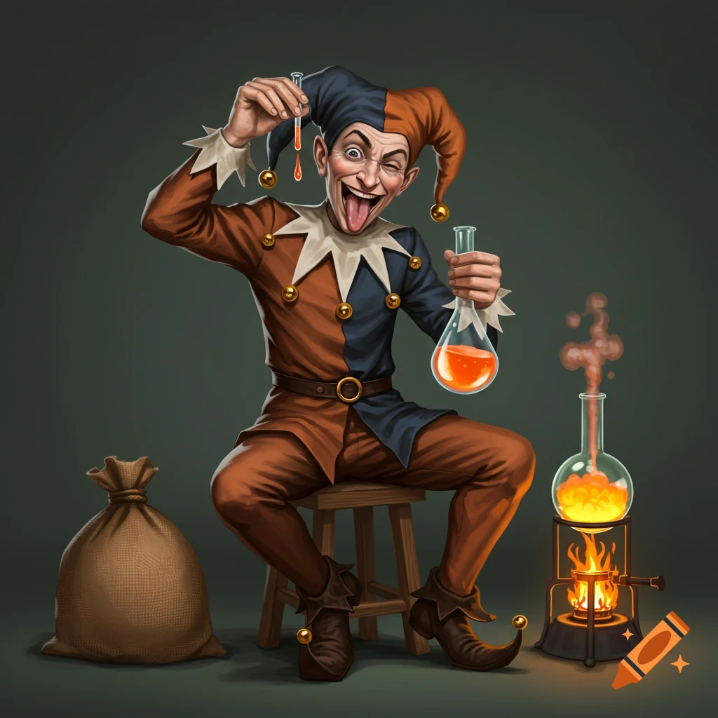 A jester sitting on a stool, doing chemistry with flasks and fire, sticking his tongue out and squinting.