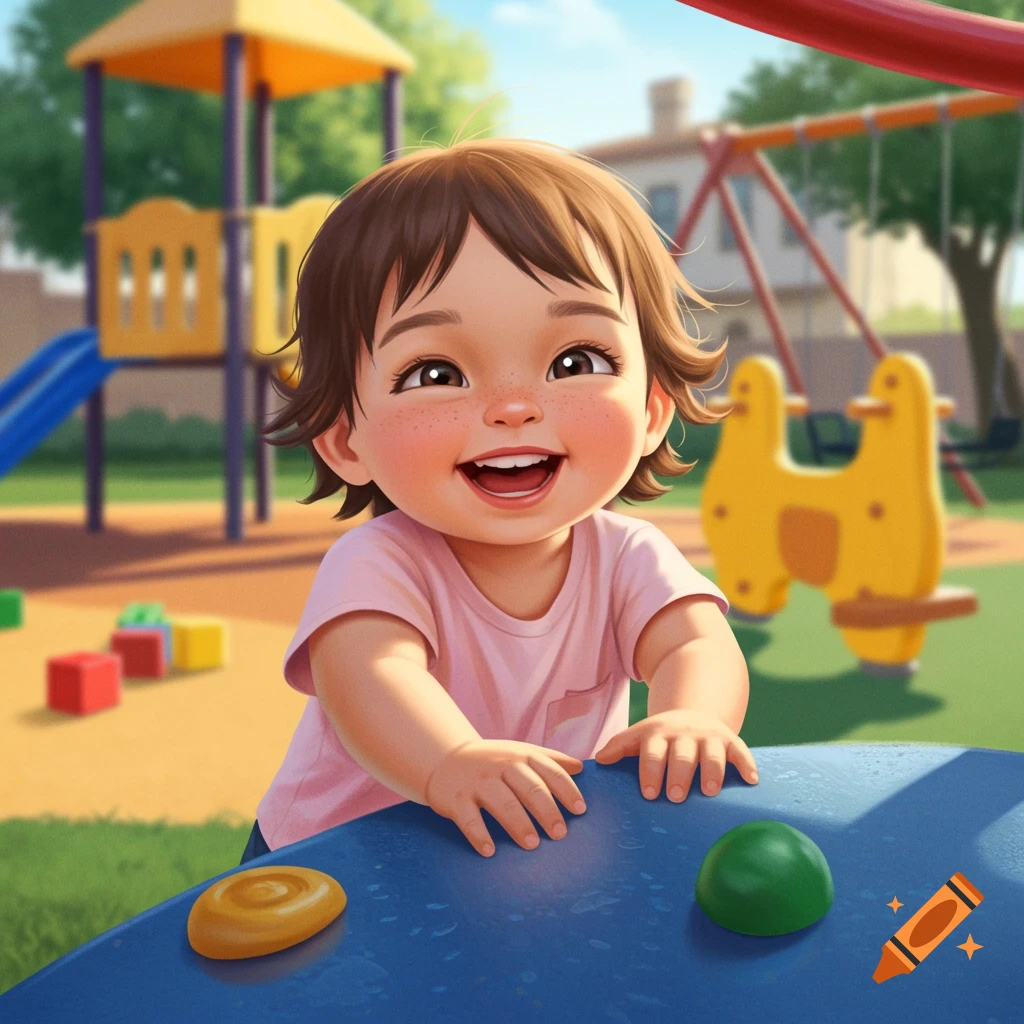 Smiling toddler plays on a playground.