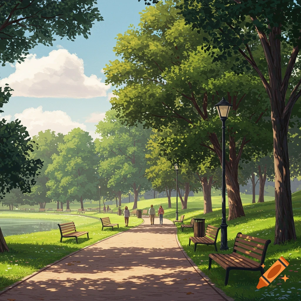 Illustration of a sunny park path with trees, benches, a lake, and people walking.