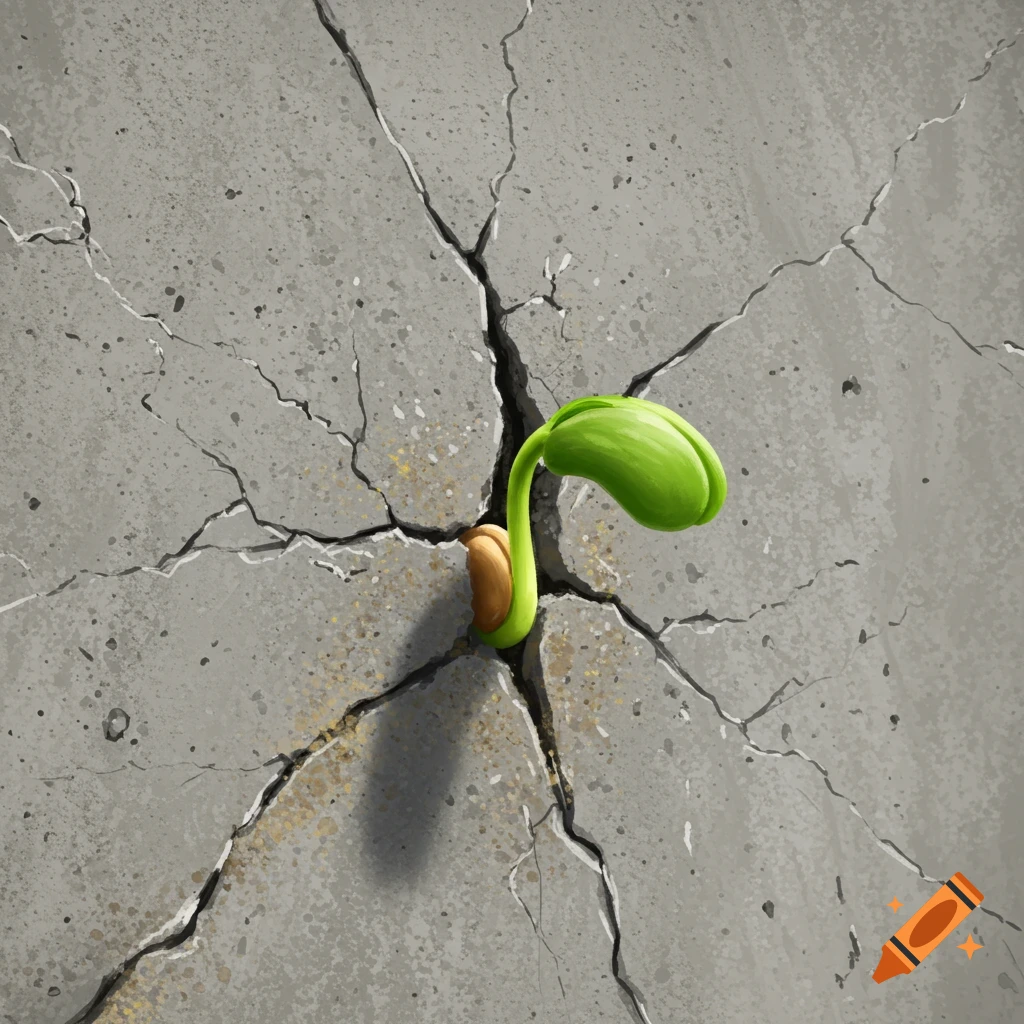 A green plant sprout grows from a crack in grey concrete.