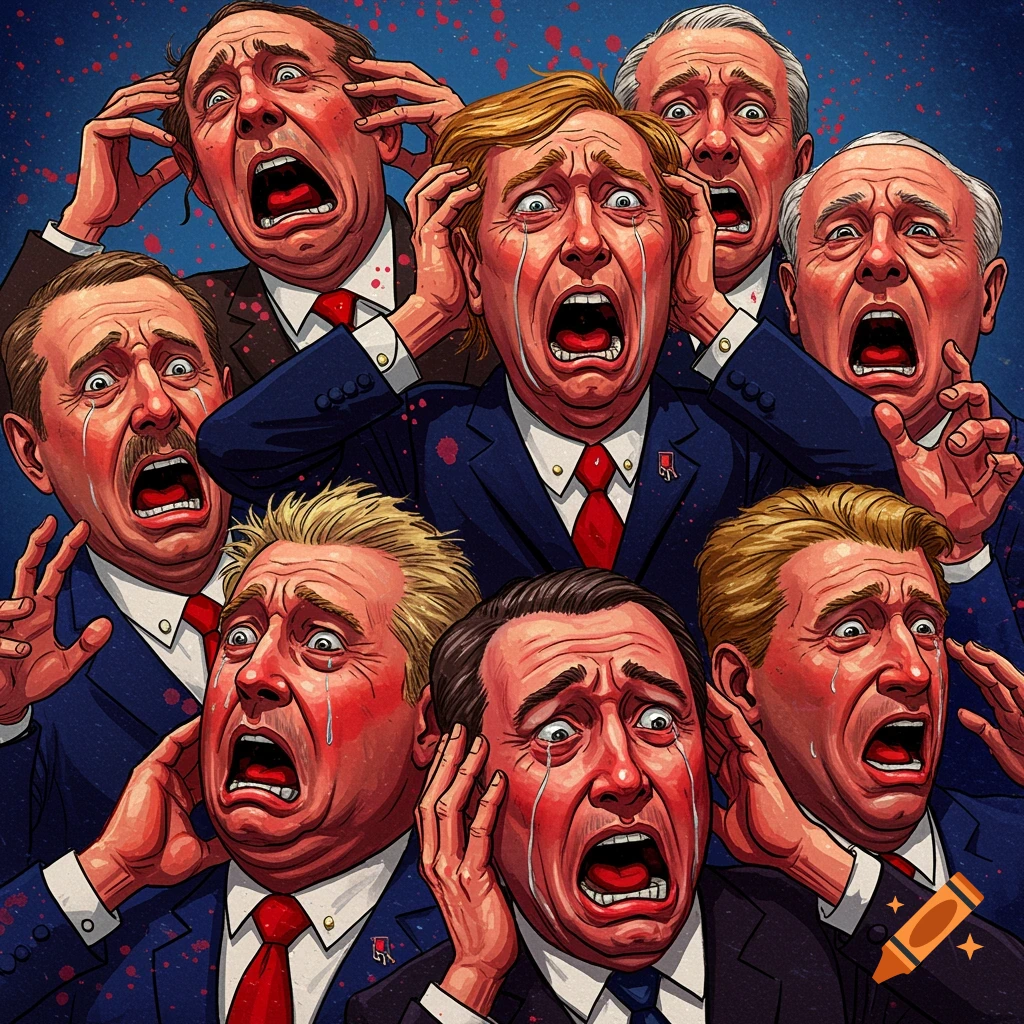 Illustration of crying, screaming men in suits, in an exaggerated political cartoon style.
