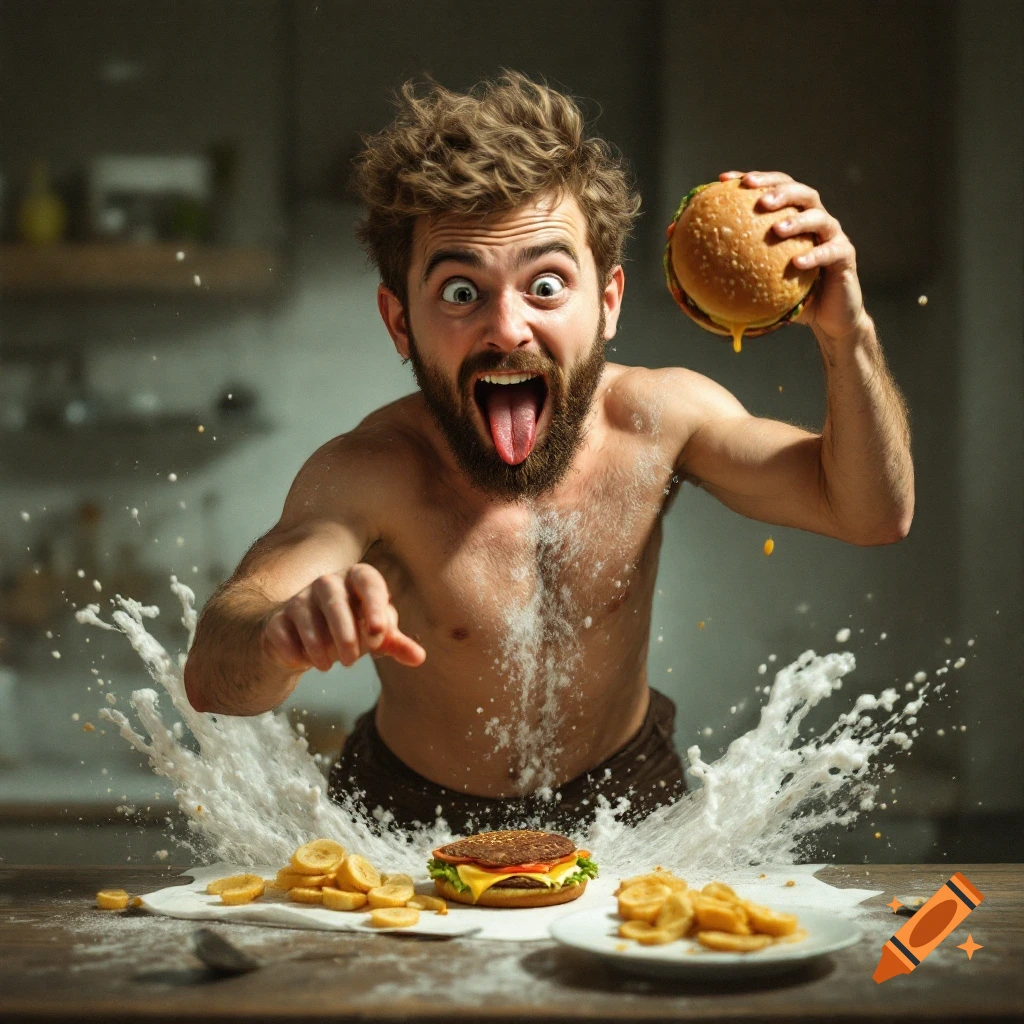 Photorealistic image of an excited man being splashed with liquid and food.