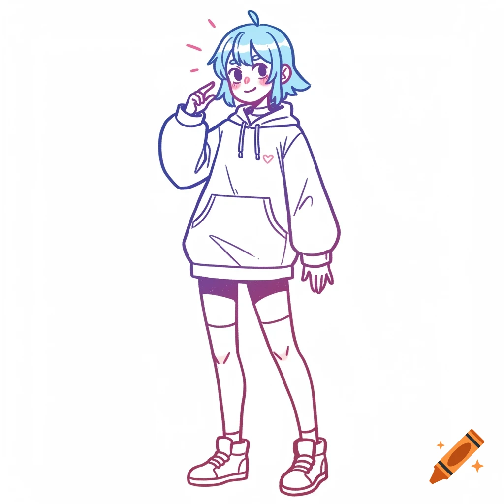 Full body anime style doodle of a character in a hoodie and shorts.