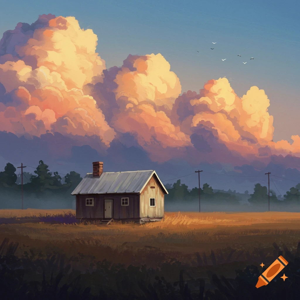 Painterly illustration of a house in a field at sunset under large, dramatic orange clouds with telephone poles and birds.