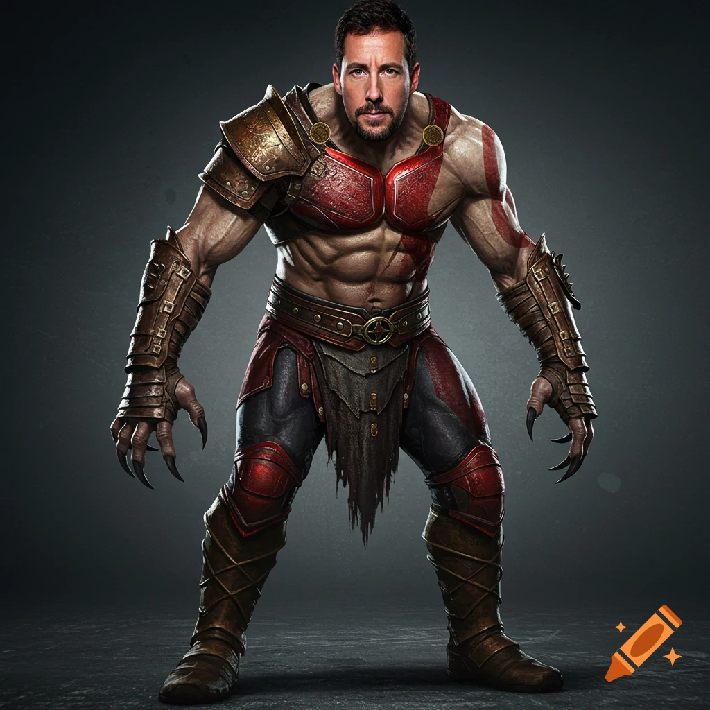 Muscular figure with Adam Sandler's face wearing Kratos-like armor and war paint, with clawed hands.