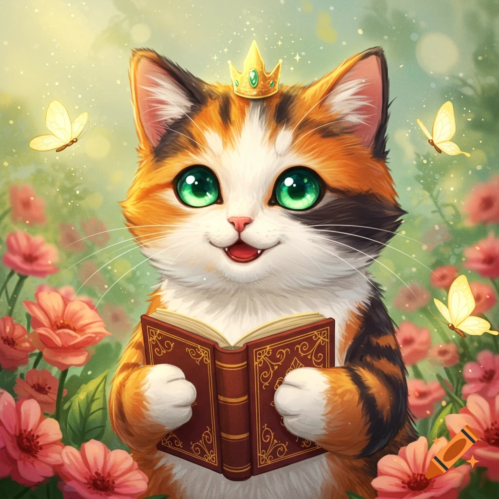 Cute cartoon cat with crown holds a book in a magical garden with flowers and butterflies.