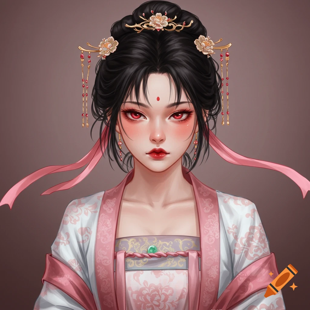 An illustration of a woman in traditional Chinese clothing with red eyes.