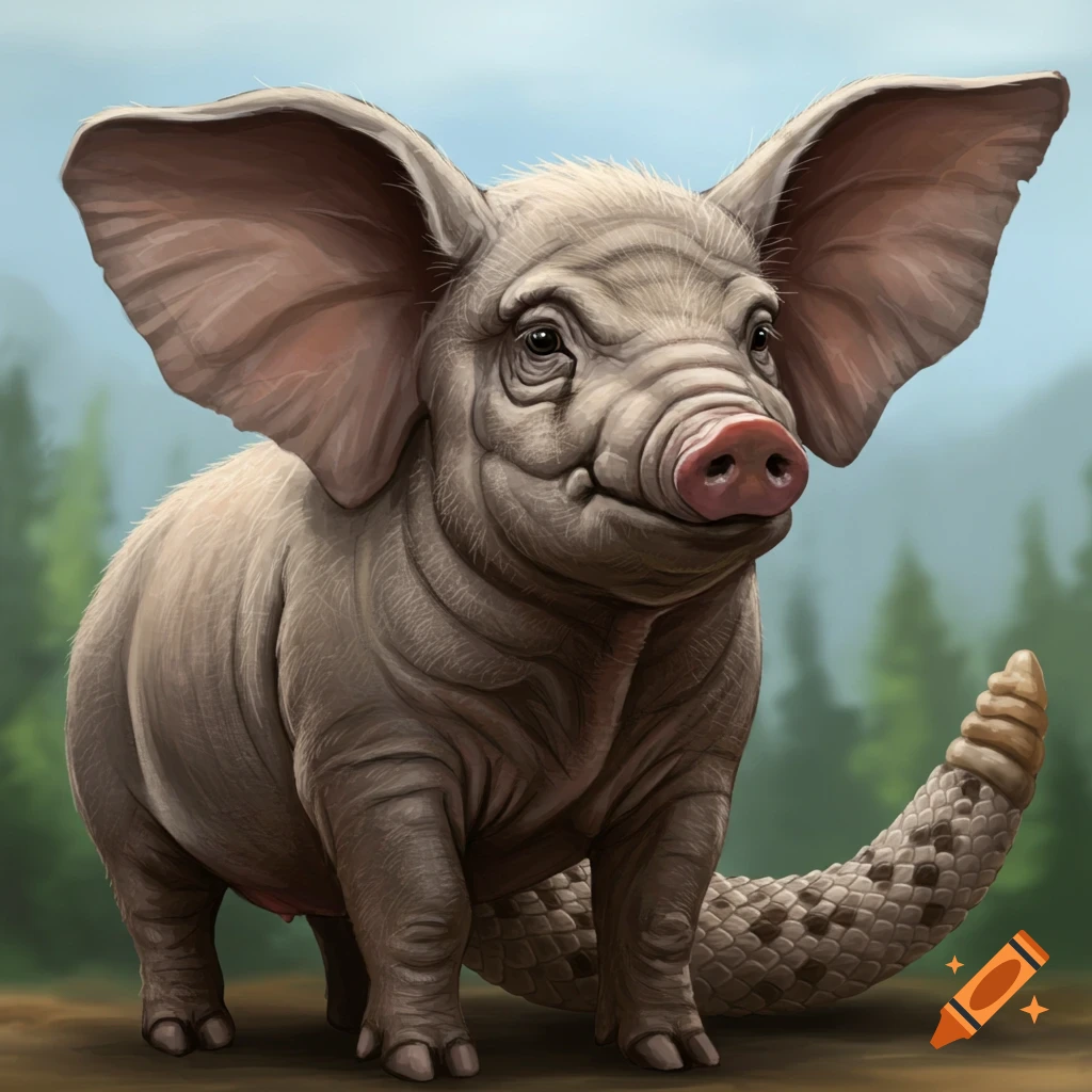 Illustration of a fantasy hybrid creature with a pig body, elephant ears, and rattlesnake tail.
