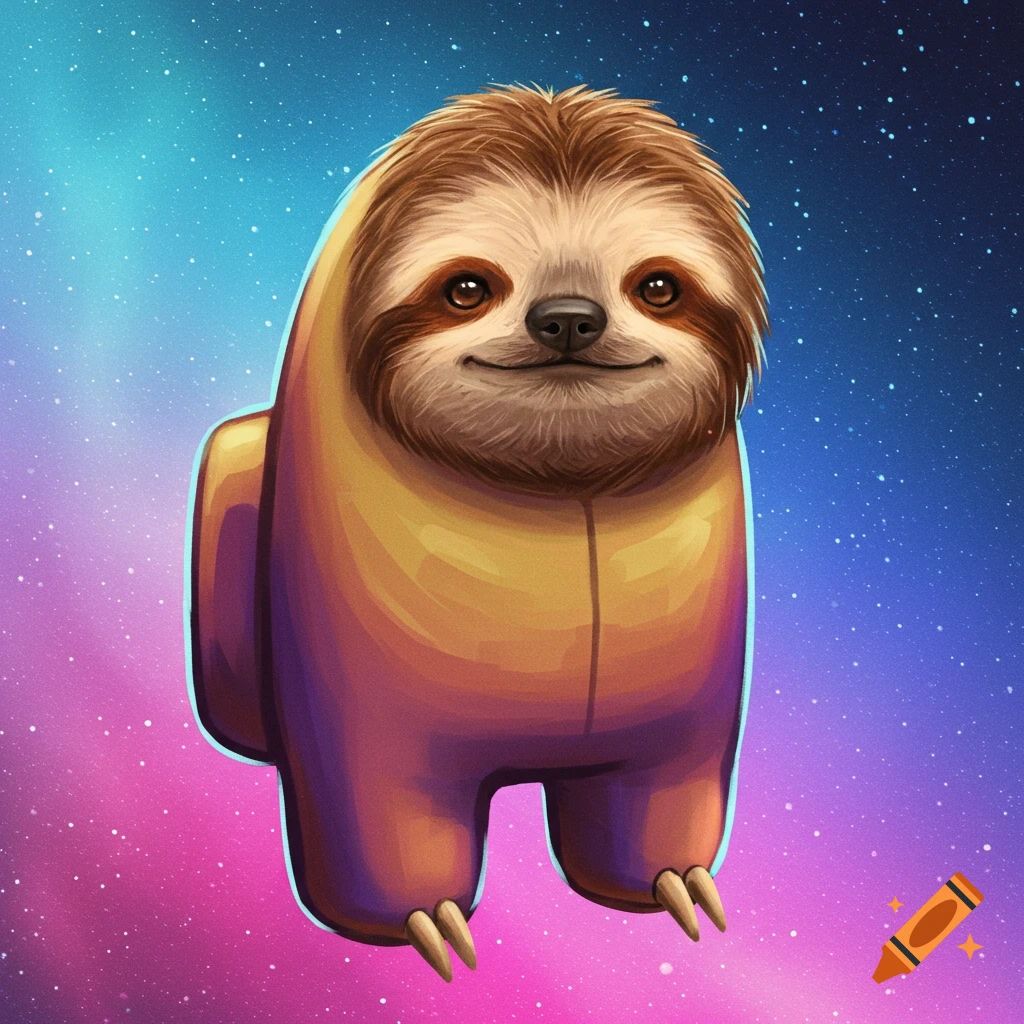 Cartoon illustration of a cute sloth wearing an Among Us suit, floating in a starry pink and blue space background.