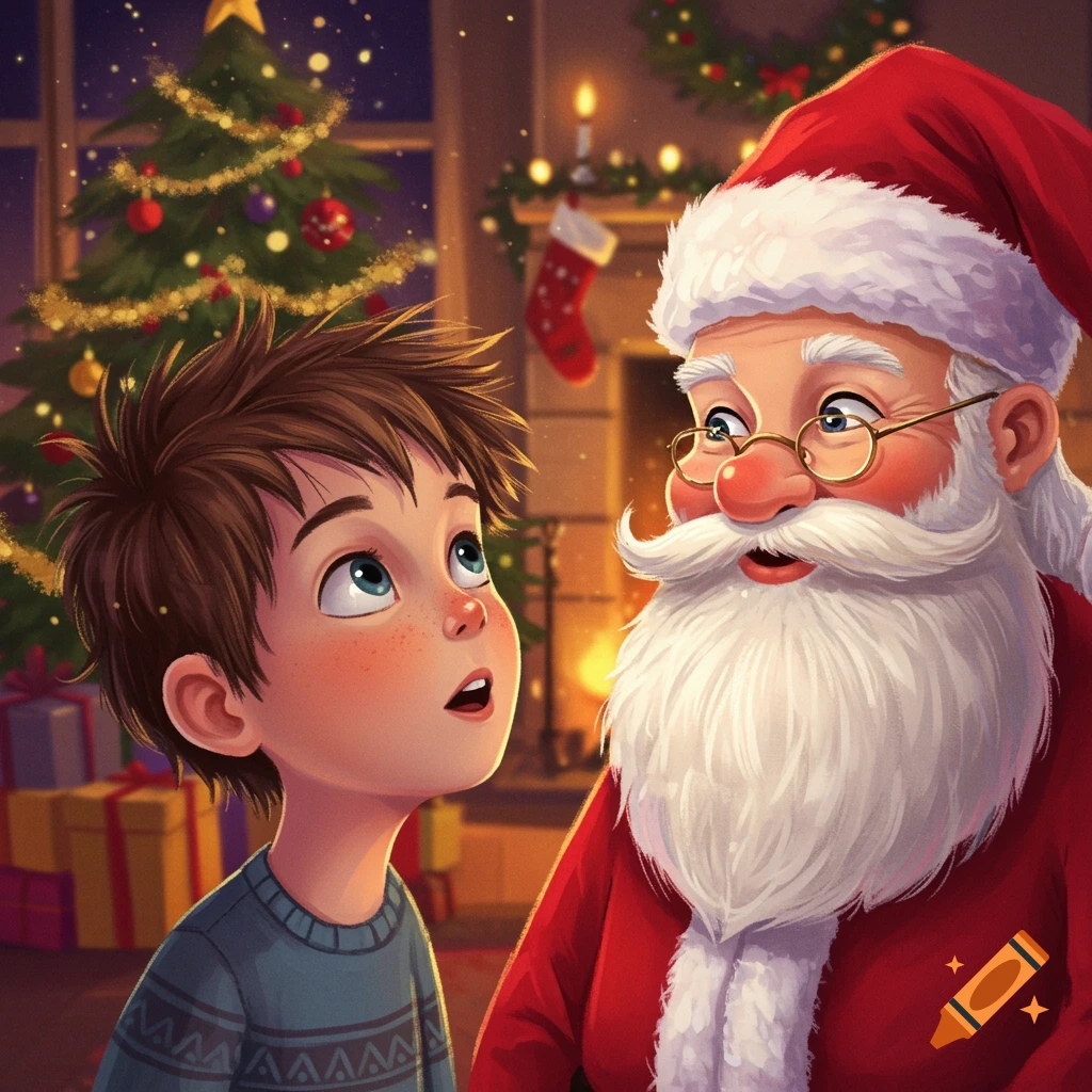 A boy looks up at Santa Claus by a Christmas tree.